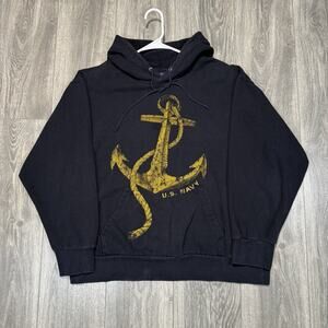 Vintage MV Sport US Navy Hoodie Anchor Mens XL Blue Pullover Sweatshirt Training